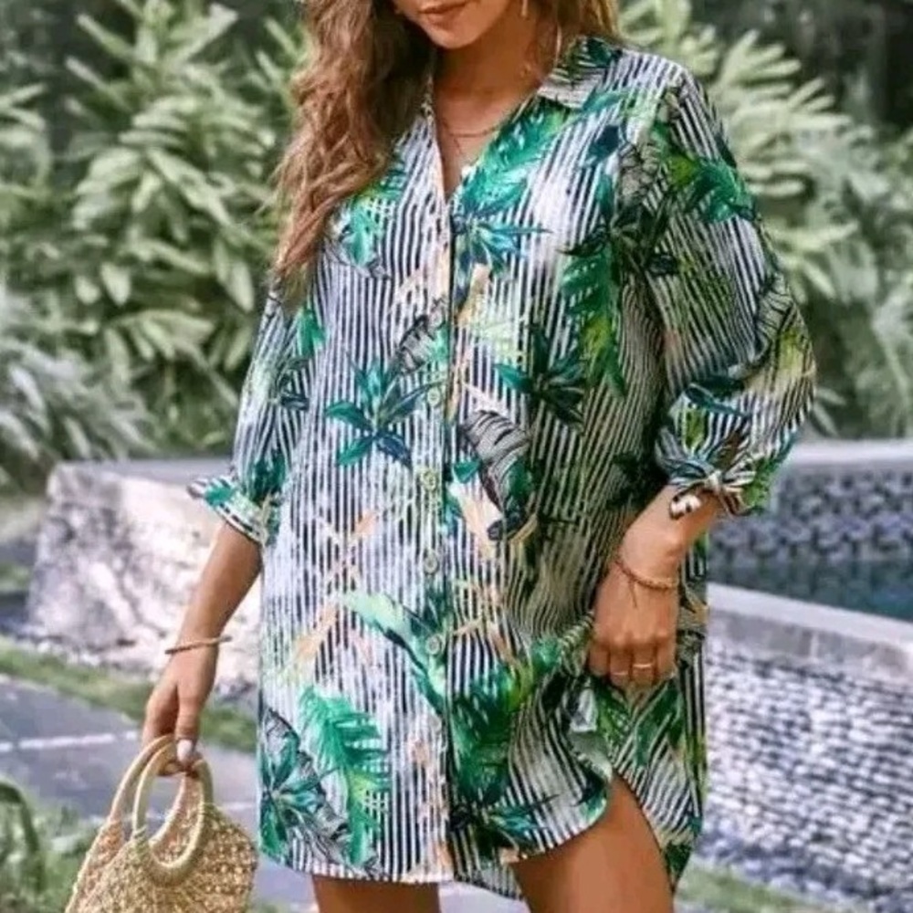 Palm Leaf and Stripe Swim Cover Up